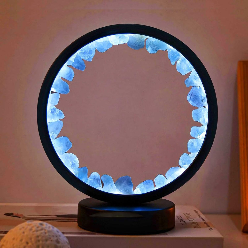 Runyangshi Celestite Night Light 8.6" Natural Healing Crystal Bedside USB Port 3 Colours Dimming Mode Bedroom Lamp Suitable Night Lamp Idea…