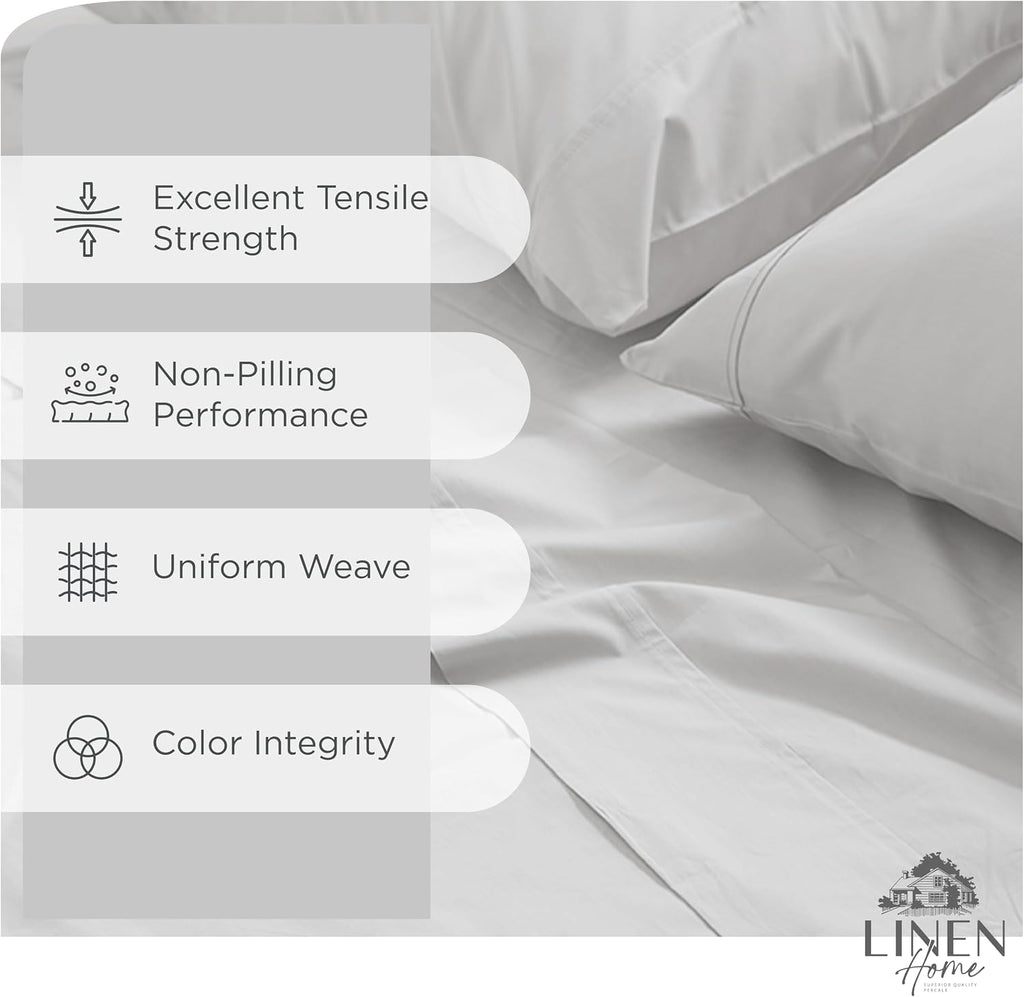 Linen Home 100% Cotton Percale King Size Sheets - Crisp & Cool, Breathable, Deep Pocket Fits 16" Mattress, 4-Piece Set, Long-Staple…