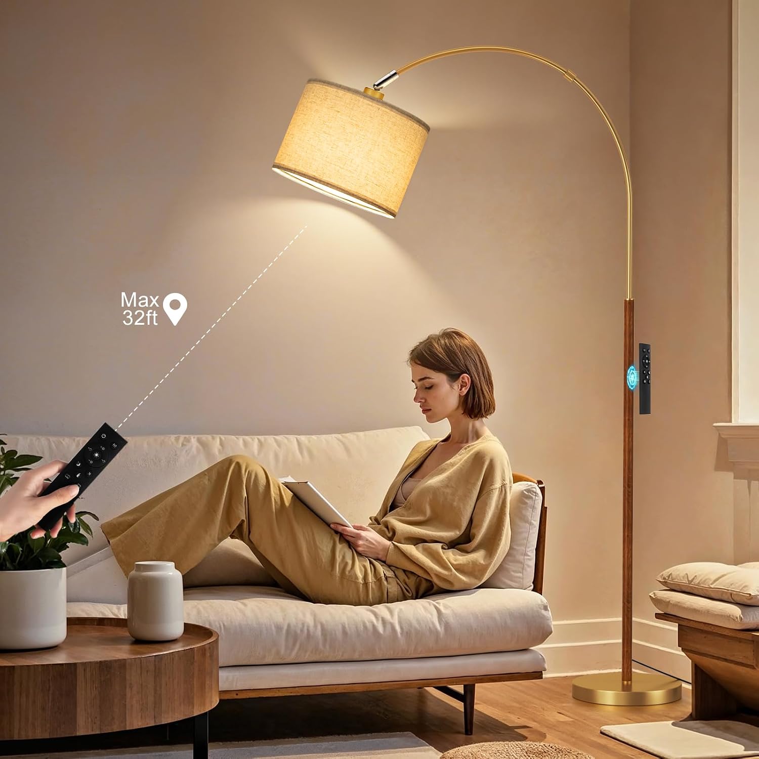Ambimall Dimmable Arc Floor Lamp with Remote, Color Temperatures and Brightness Adjustable, Arched Floor Lamp with Rotating Head, Over…
