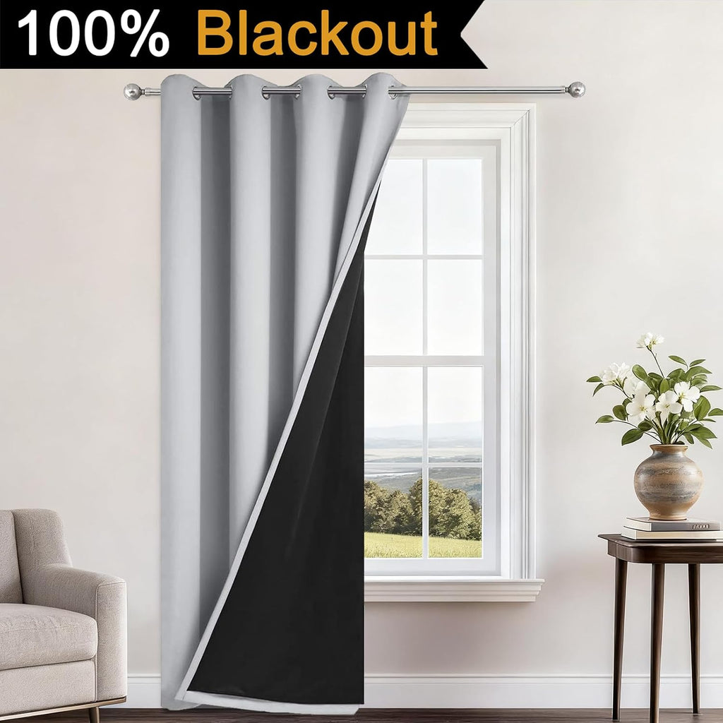 Yakamok 84 Inch Long 100% Blackout Curtains for Bedroom, 2 Thick Layers Thermal Insulated Grommet Total Blackout Drapes with Black Liner fo…