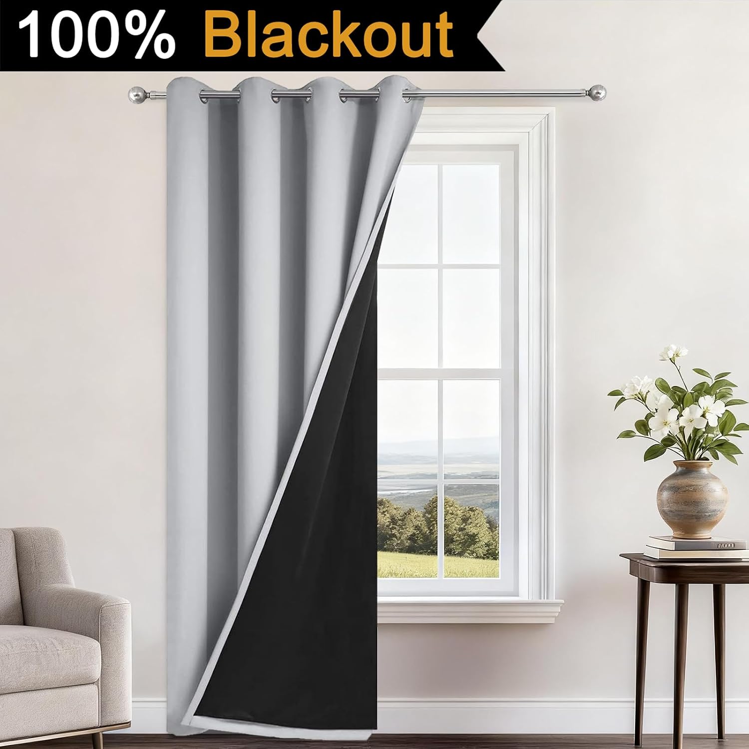Yakamok 84 Inch Long 100% Blackout Curtains for Bedroom, 2 Thick Layers Thermal Insulated Grommet Total Blackout Drapes with Black Liner fo…