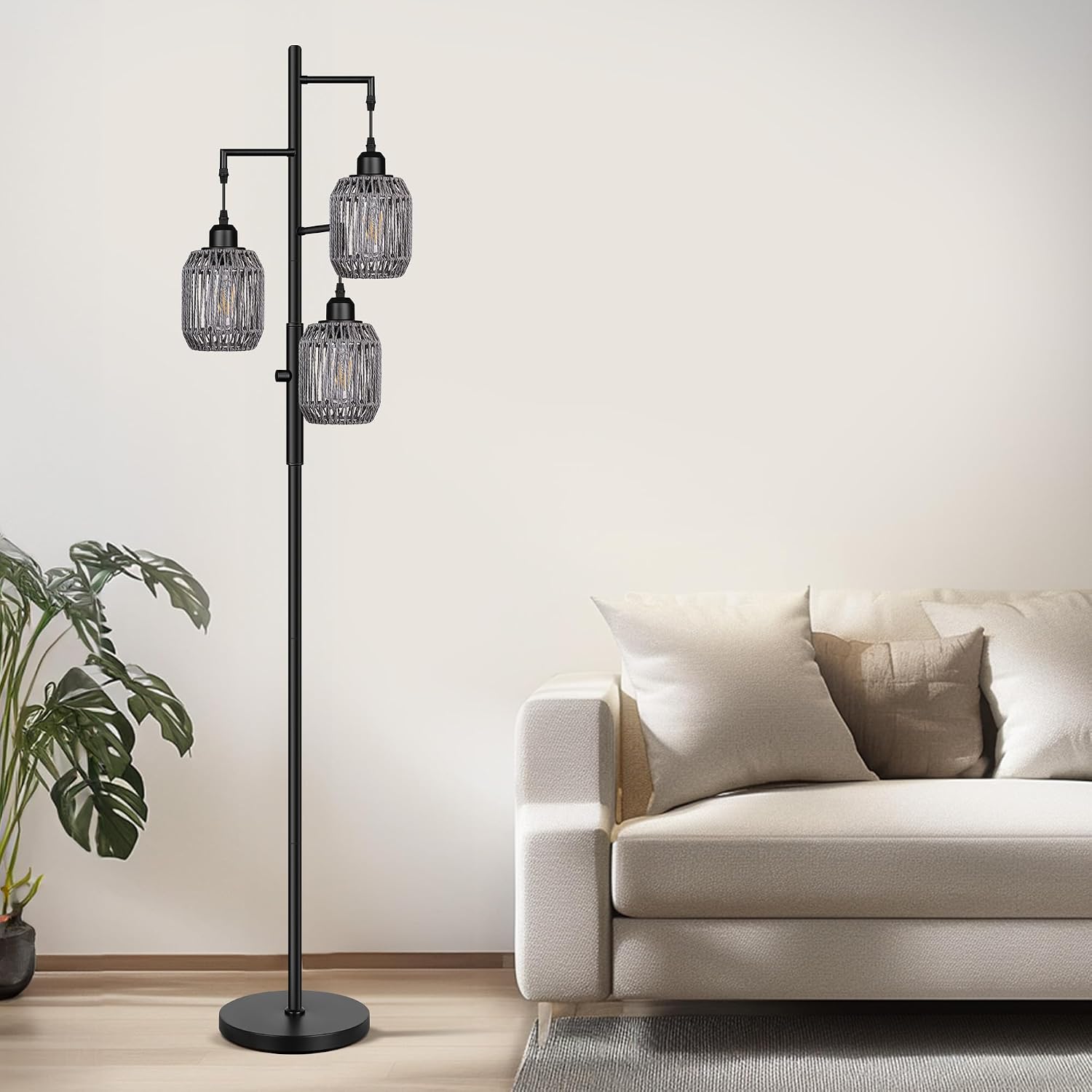 ROTTOGOON Dimmable Boho Floor Lamp - 3 Light Farmhouse Rattan Floor Lamp for Living Room, Industrial Tree Floor Lamps with 3 X 6W LED…