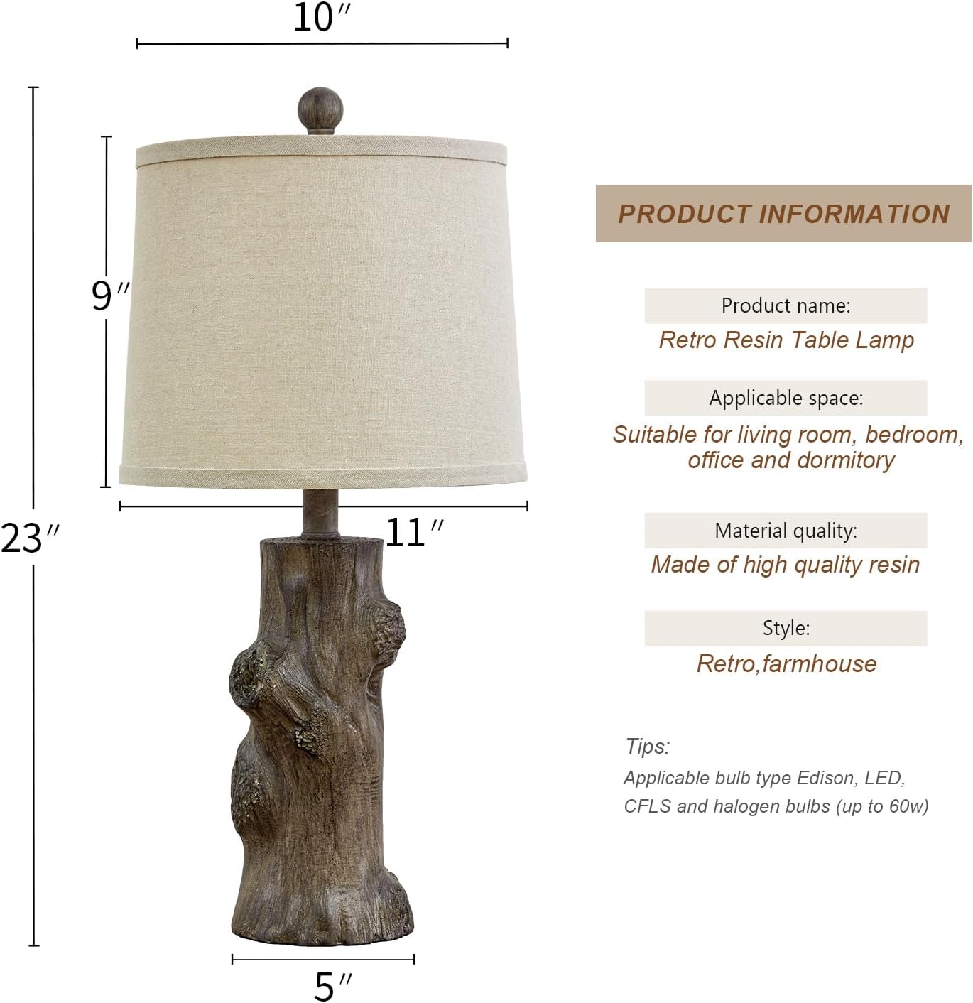OYEARS 23"Resin Table Lamps for Living Room Set of 2 Country Cottage Farmhouse Lamp for Bedroom Tree Trunk Wood Grain with Oatmeal Fabric…