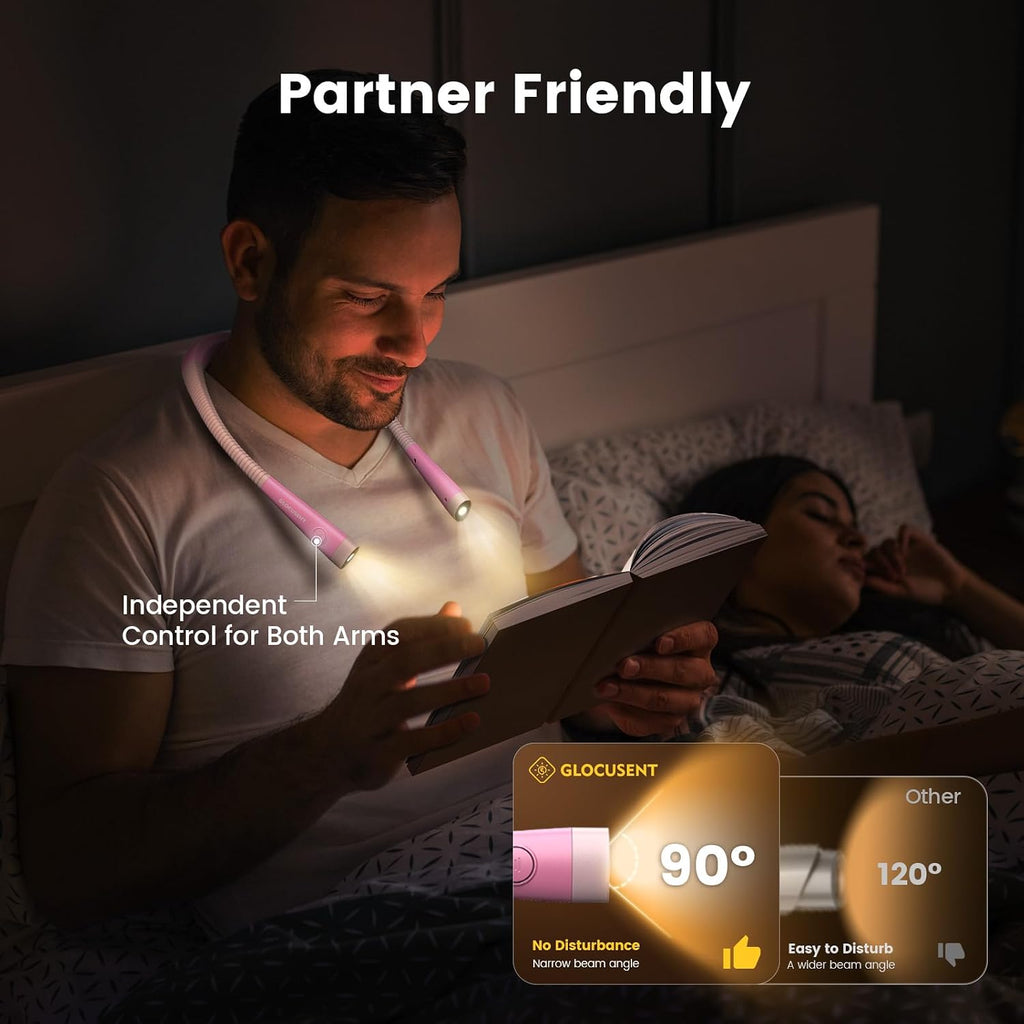 Glocusent Book Light, 3-Color & 6-Brightness Reading Light, Bendable Neck Light, 80-hr Lasting Rechargeable Book Light, Perfect Reading…