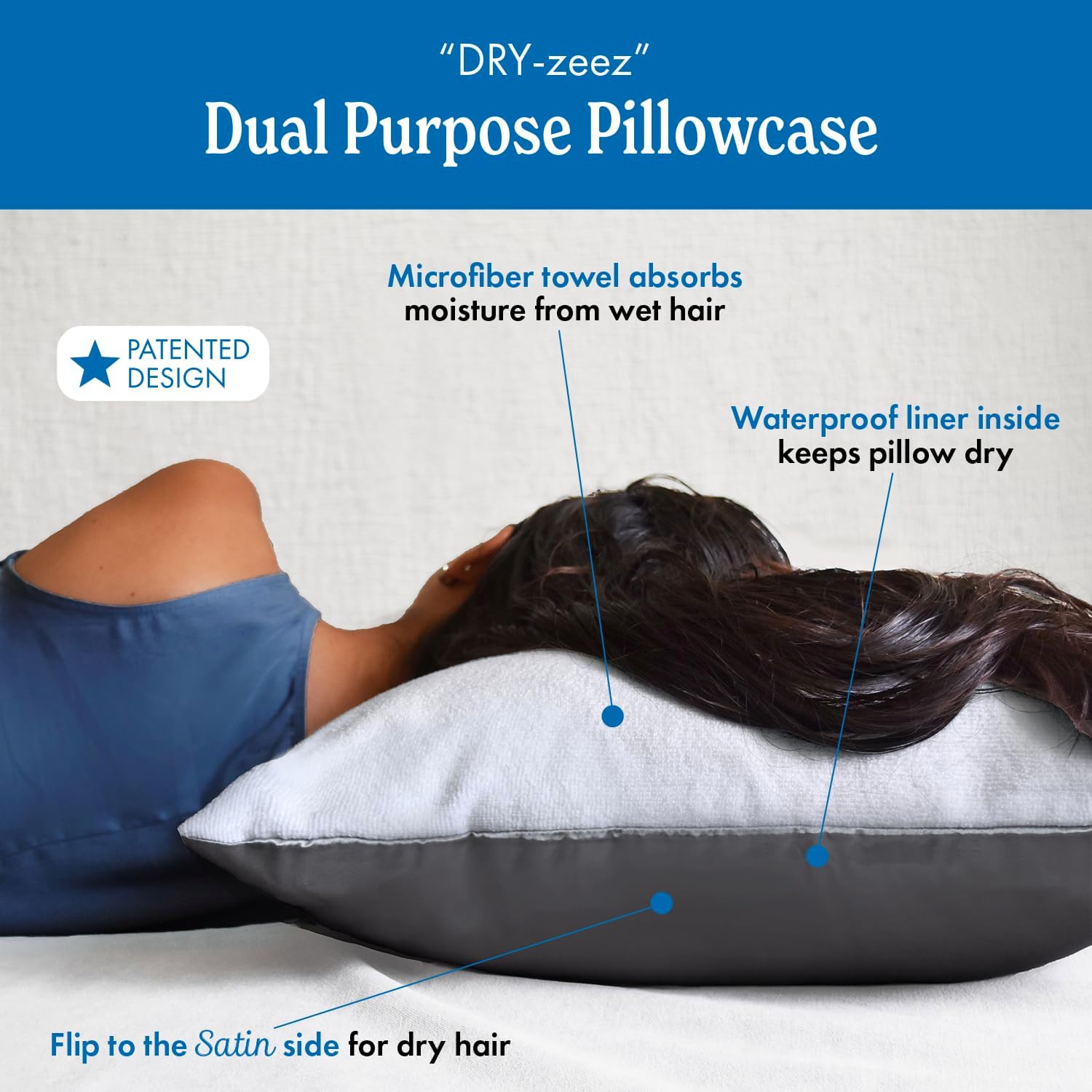 DryZzz Waterproof Pillow Protector Cooling Pillow Case 29"x19" 1pc Silver Standard Size, Absorbent Towel Pillowcase Dual-Sided Satin & Micr…