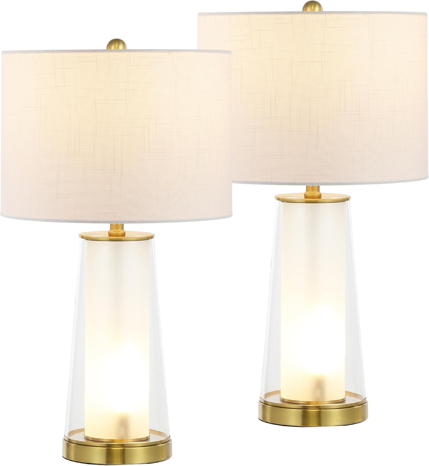 Jonathany JONATHAN Y 26" Clear/Brass Gold Nightlight Table Lamp Set of 2 for Bedroom, Modern Glass Desk Lamps with White Fabric Shade, Farm…