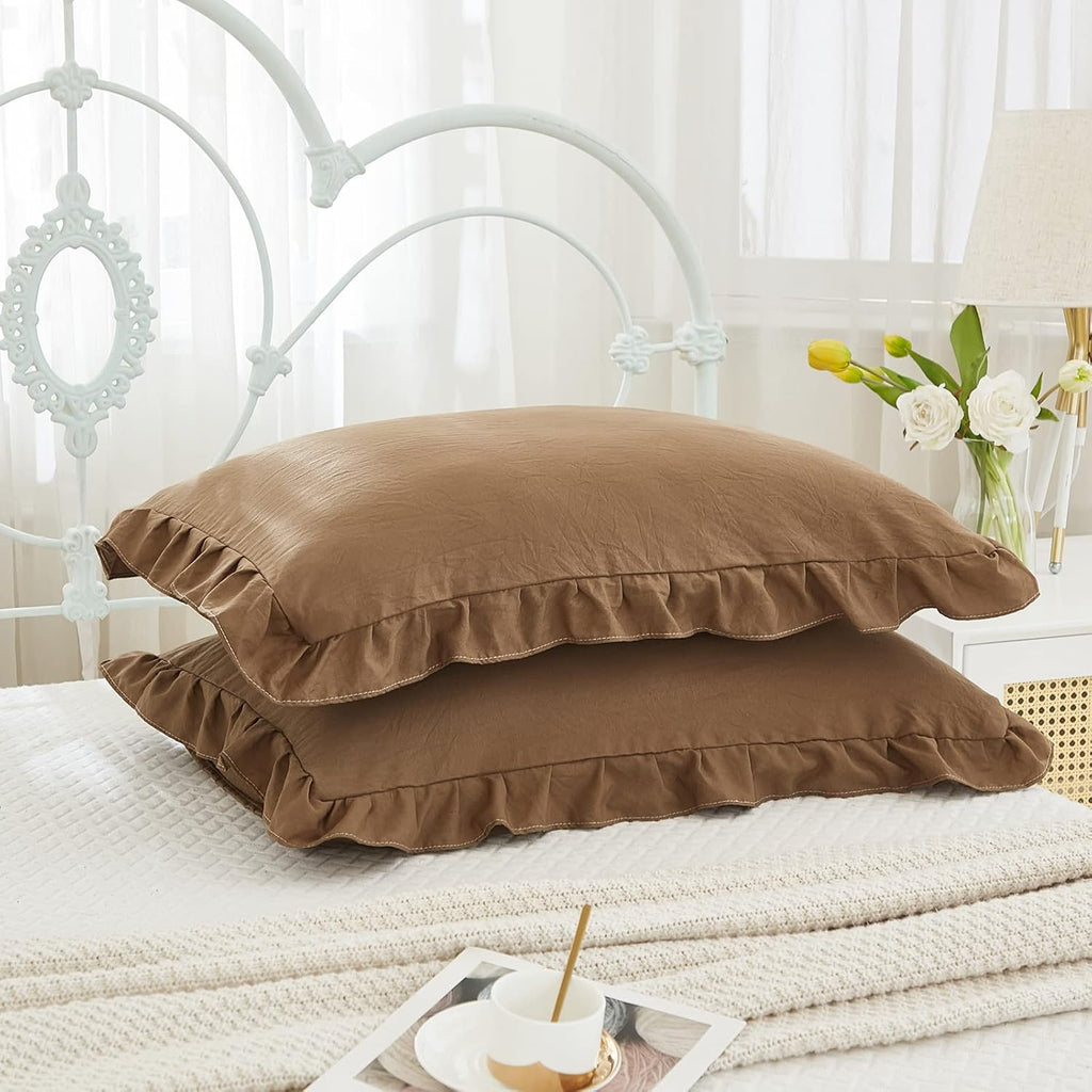 Merryword Brown Ruffle Standard Pillow Shams 20x26inch - Cute Coffee Pillowcases Set of 2 - Shabby Chic Soft Cover 2 Pack 2 Pack