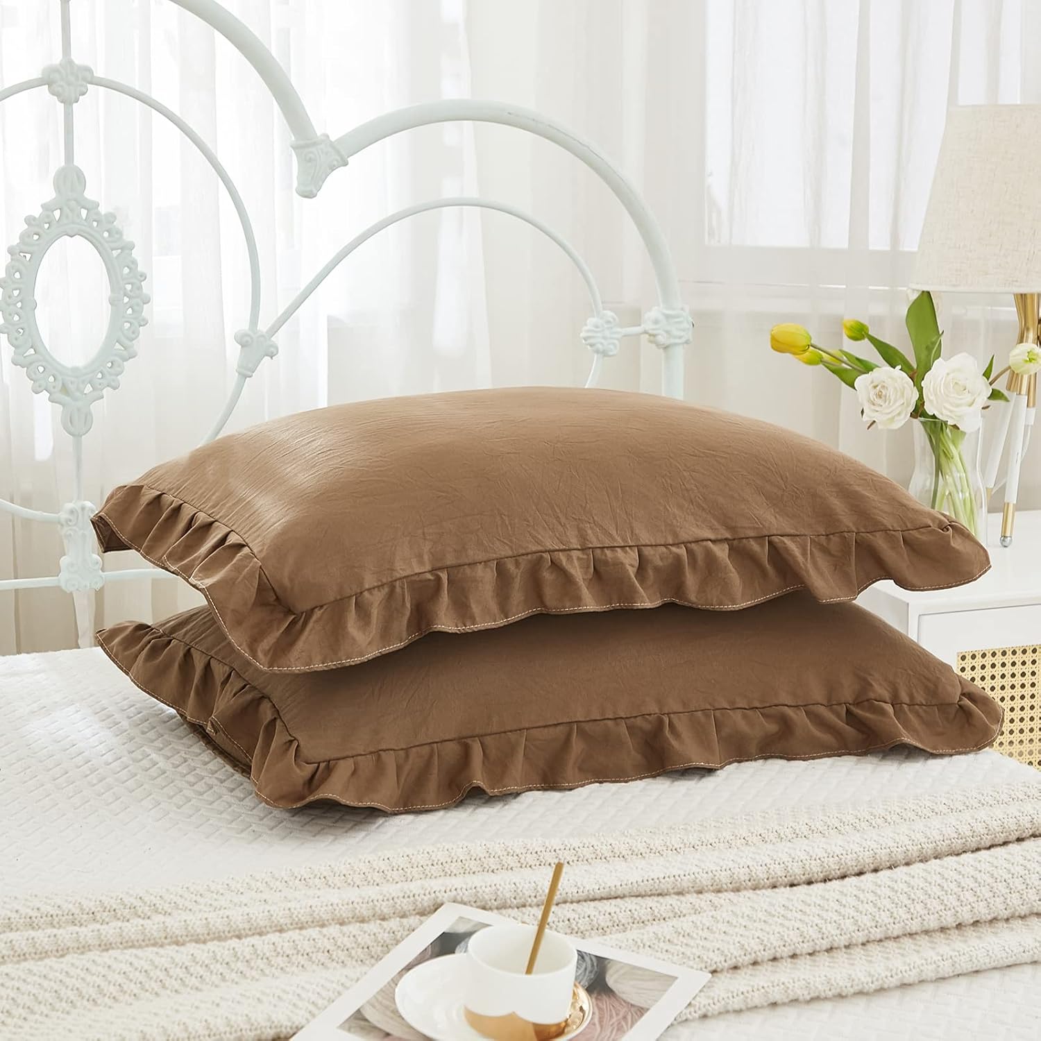 Merryword Brown Ruffle Standard Pillow Shams 20x26inch - Cute Coffee Pillowcases Set of 2 - Shabby Chic Soft Cover 2 Pack 2 Pack