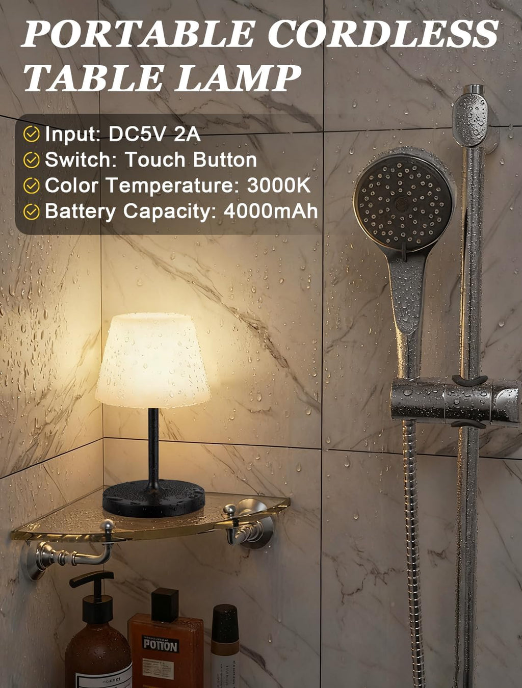 Kakanuo Black Cordless Shower Lamp Waterproof, Rechargeable Cordless Lamp with 4000mAh Battery, Touch Dimmable Table Lamp for Outdoor…