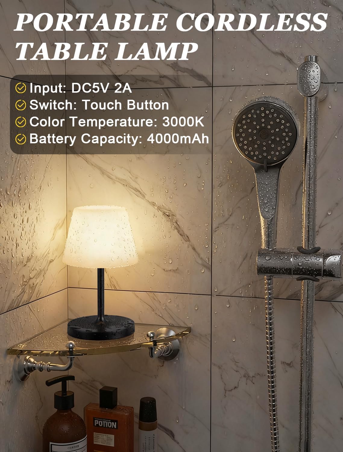 Kakanuo Black Cordless Shower Lamp Waterproof, Rechargeable Cordless Lamp with 4000mAh Battery, Touch Dimmable Table Lamp for Outdoor…