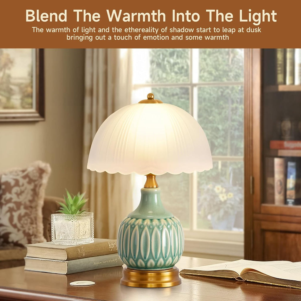 Table Lamps Ceramic Retro Lamp for Living Room,15.7" Modern Bedside Nightstand Traditional Lamps, Classic Chinoiserie Green Glass Lamp…