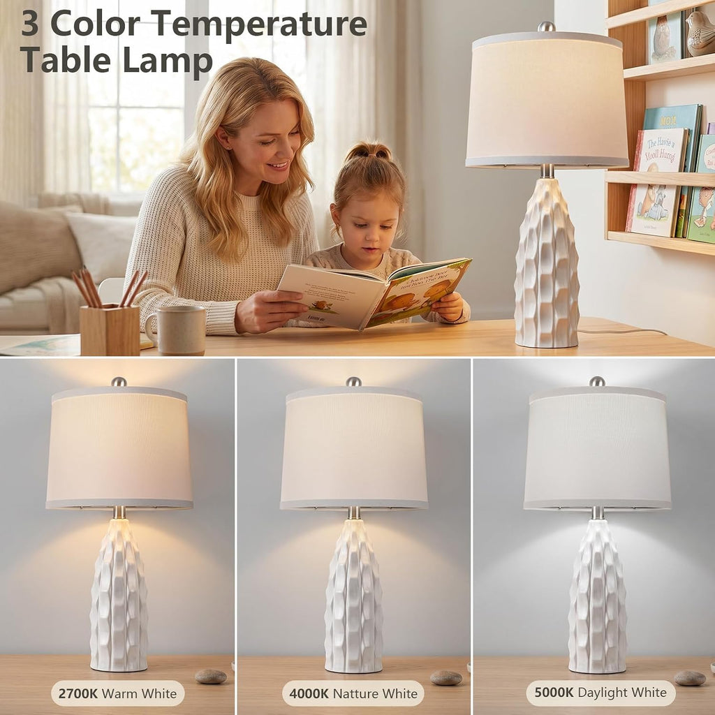 WIHTU Creamic Table lamp Set of 2, 24'' Modern Dimmable Table Lamp for Living Room, Farmhouse Nightstand Lamps with Linen Shade, White…