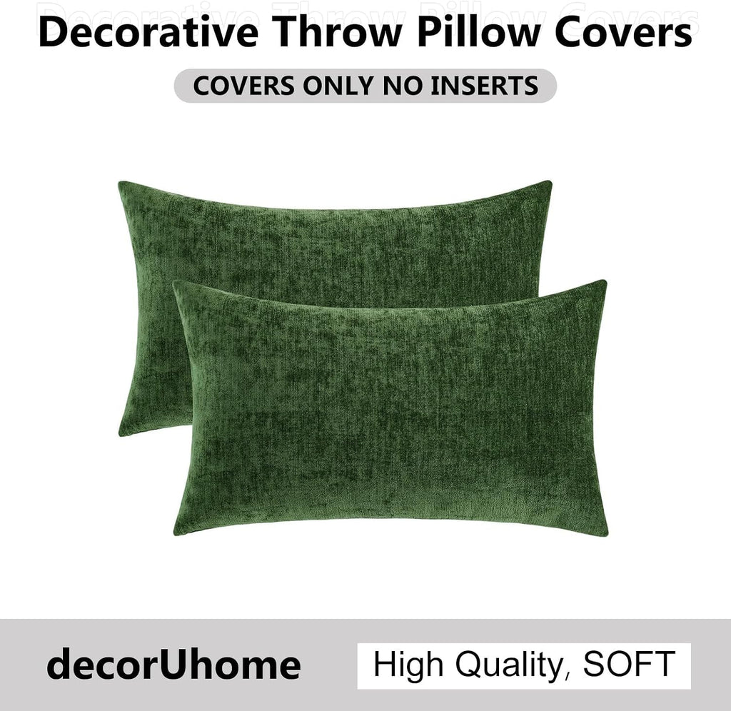 decorUhome Chenille Moss Green Throw Pillow Covers 12x20 Inch Set of 2, Decorative Soft Couch Pillow Covers Solid Dyed Accent Farmhouse Neu…