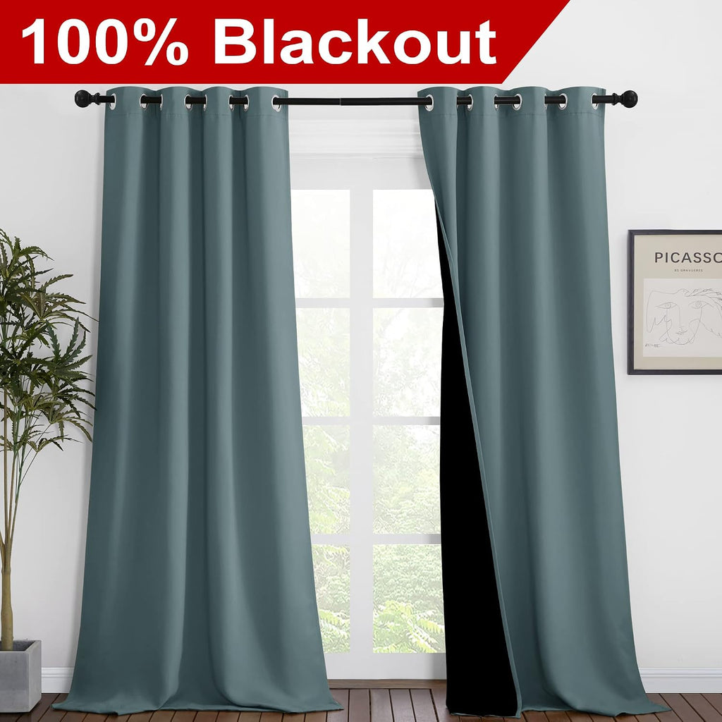 Nicetown Greyish Blue Blackout Curtains 90 inches Long, Full Light Blocking Drapes with Black Liner for Nursery, Thermal Insulated Draperie…