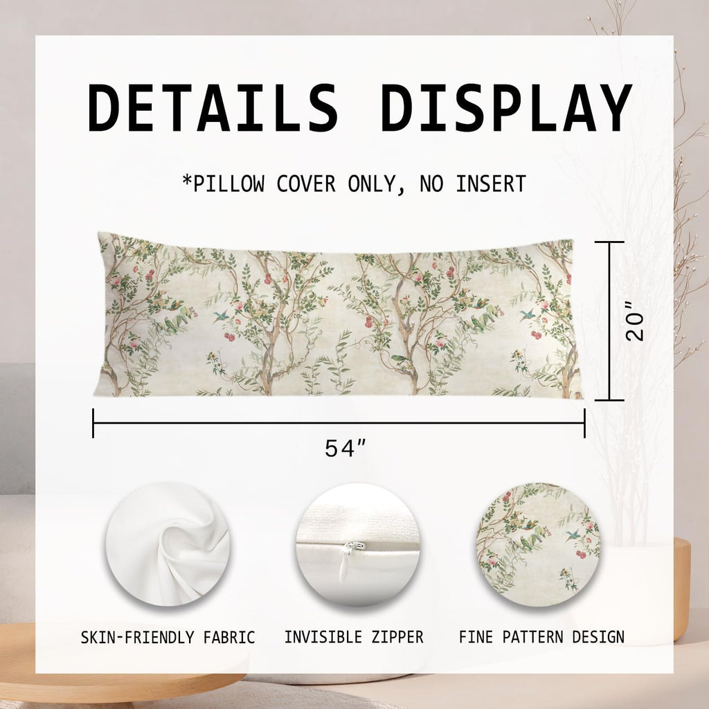Vintage Chinoiserie Bird Floral 20x54 Body Pillow Cover, Chinoiserie Decor, Retro Green and Cream Flowers Botanical Decorative Long Body…