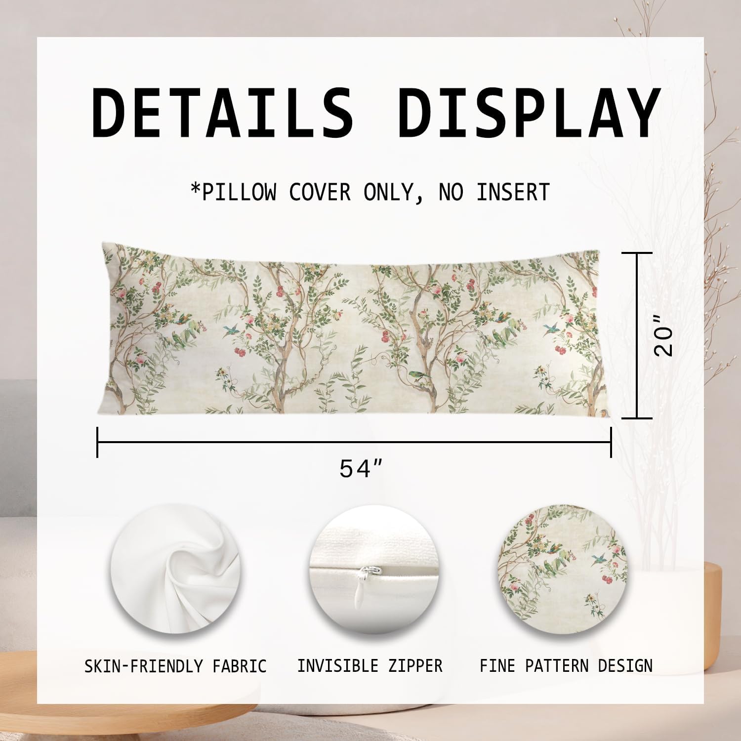 Vintage Chinoiserie Bird Floral 20x54 Body Pillow Cover, Chinoiserie Decor, Retro Green and Cream Flowers Botanical Decorative Long Body…