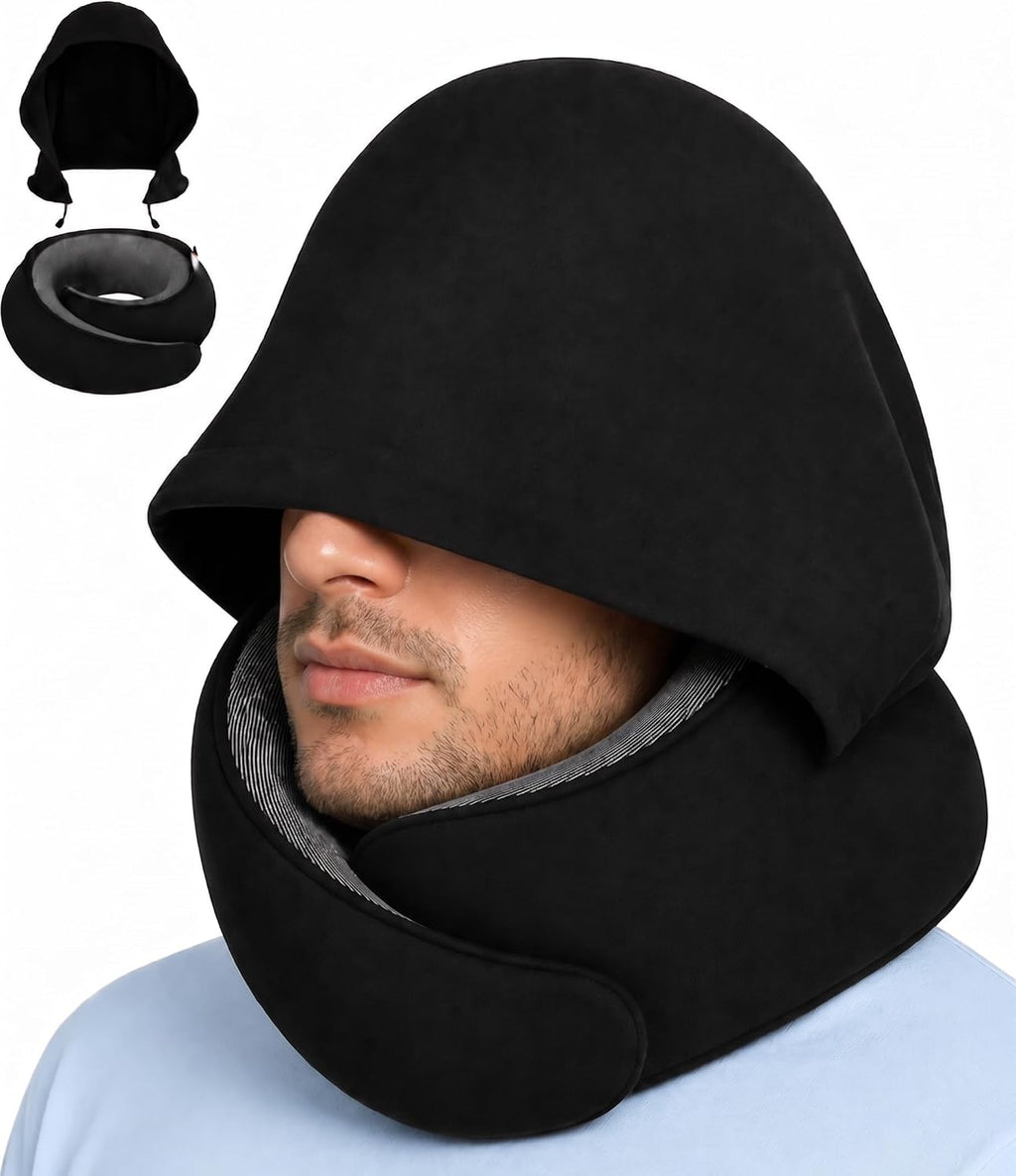 Dot&Dot Travel Pillow Neck Pillow with Hood for Airplane Sleeping, Memory Foam Pillow with Chin Support, Detachable Hoodie, Washable…