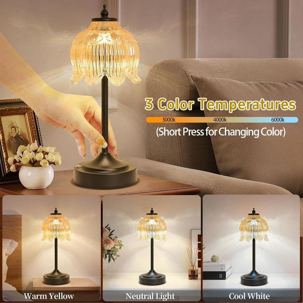 Cordless Lotus Flower Table Lamp, 5200mAh Rechargeable Battery Operated Portable Lamp, 3-Color Dimmable Touch Control Small Desk Lamp for…