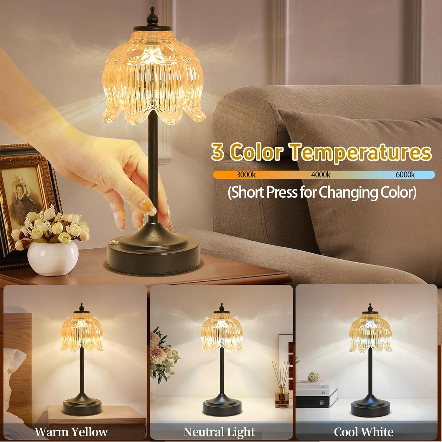 Cordless Lotus Flower Table Lamp, 5200mAh Rechargeable Battery Operated Portable Lamp, 3-Color Dimmable Touch Control Small Desk Lamp for…