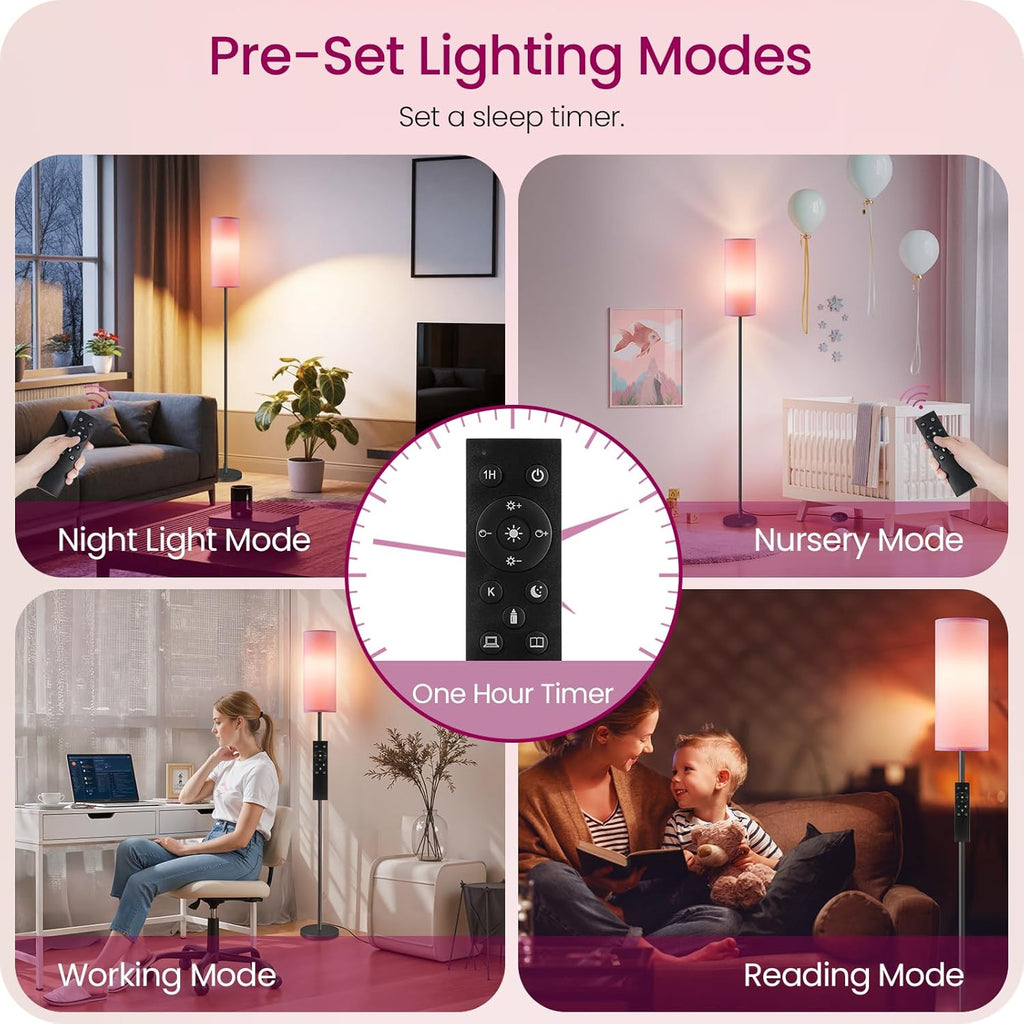 Dimmable Pink Floor Lamp for Living Room with Remote and Foot Switch, Corner Floor Lamp for Bedroom, 64.4" Standing Tall Lamp, 10W 900LM…