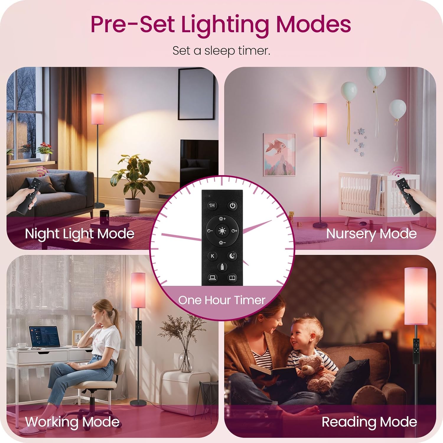 Dimmable Pink Floor Lamp for Living Room with Remote and Foot Switch, Corner Floor Lamp for Bedroom, 64.4" Standing Tall Lamp, 10W 900LM…