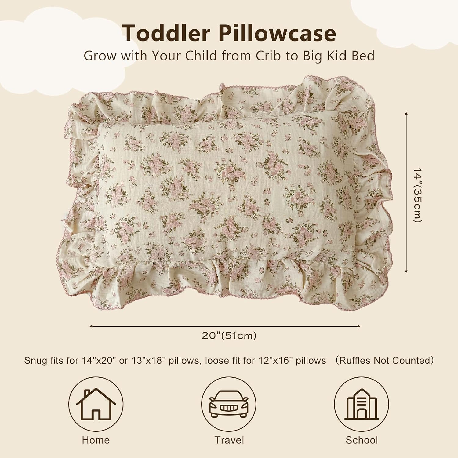 BuLuTu Muslin Cotton Toddler Pillowcases 14"x20", Shabby Chic Pink Floral Kids Pillow Cases Fit Toddler Pillow Sized 13"x18" Soft…