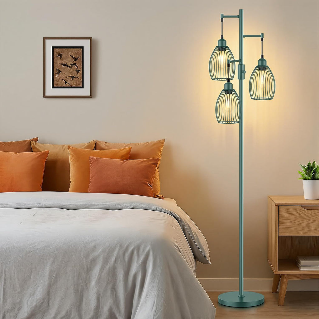 Dimmable Floor Lamp, Industrial Floor Lamps for Living Room, Green Tree Lamp Standing Lamp Tall Lamps with 3 Elegant Teardrop Cage Head &…