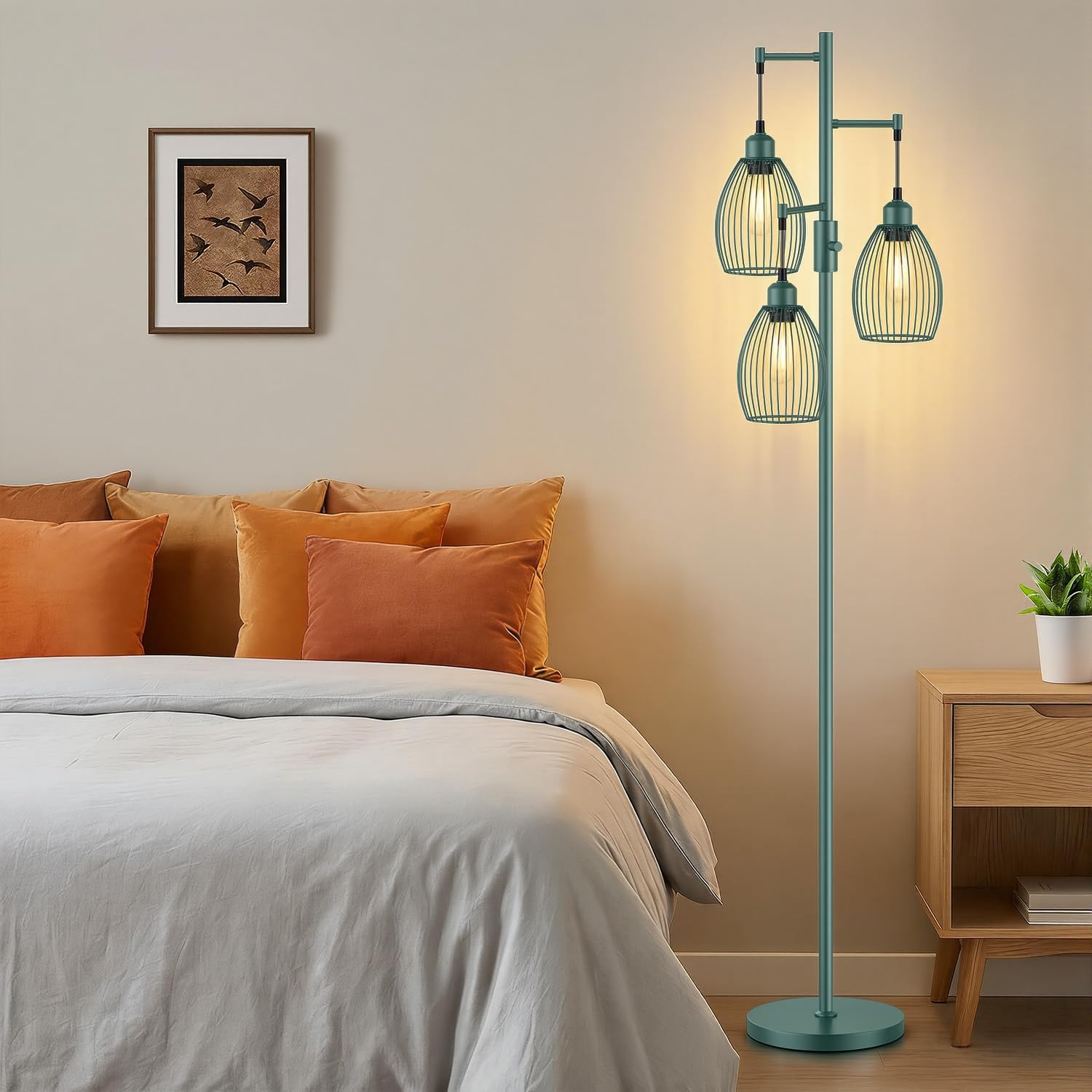 Dimmable Floor Lamp, Industrial Floor Lamps for Living Room, Green Tree Lamp Standing Lamp Tall Lamps with 3 Elegant Teardrop Cage Head &…