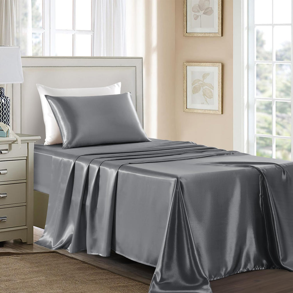 Golal Satin Sheets Twin XL Size - 3 Pieces Luxury Silky Soft Bed Sheets, Wrinkle-Free Dark Grey Satin Silk Sheet Set with 1 Deep Pocket Fit…