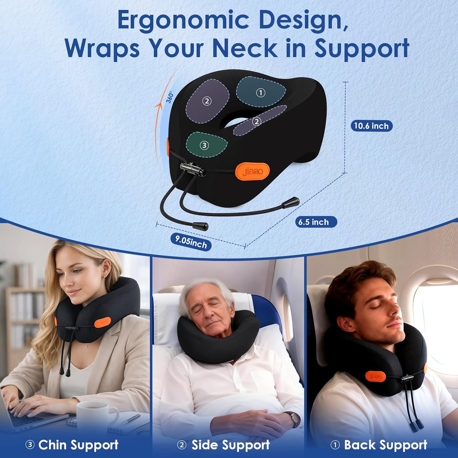jiaao Travel Pillow Memory Foam Neck Pillow for Airplanes with Adjustable Neck Support, Includes Eye Mask, Earplugs & Storage Bag…