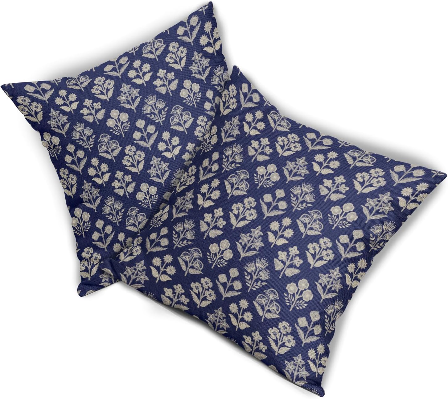 Navy Blue Floral Block Print Pillow Covers 18x18 Inch Set of 2, Vintage Flower Pattern Decorative Throw Pillowcases Outdoor Farmhouse…