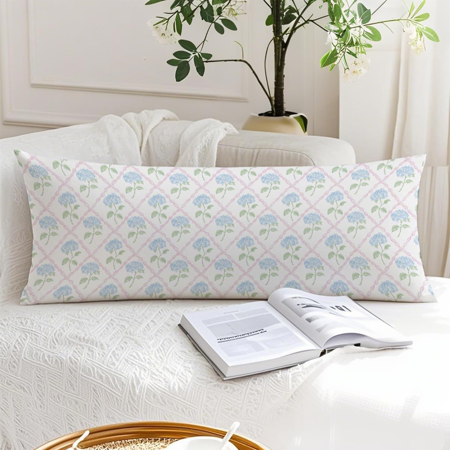 Hydrangea Floral 20x54 Body Pillow Cover, Rustic Farmhouse Decor, Girly Room Decor, Watercolor Pink and Blue Hydrangea Flower Decorative…