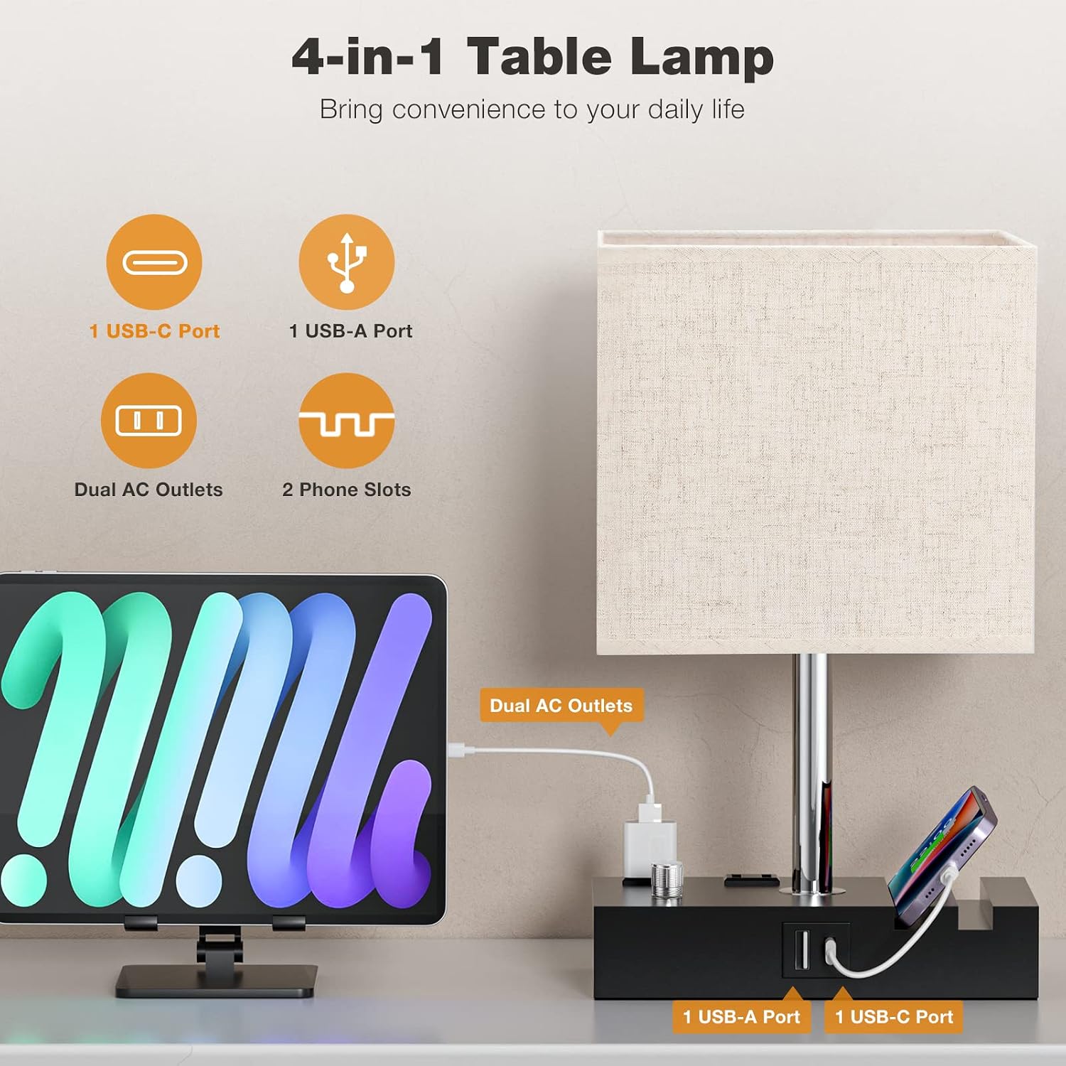 Bedside Lamps for Bedroom Set of 2, Kakanuo Fully Dimmable Small Beige Nightstand Lamps with USB C Ports and 2 Charging Outlets, Wooden…