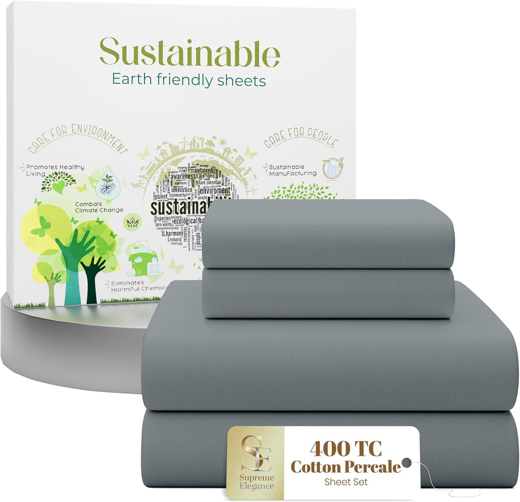 SupremeElegence SUPREME ELEGANCE 4 Pcs 100% Cotton King Size Sheets Set, Charcoal Gray, 400 Thread Count, Percale Weave, Cooling, Long Stap…