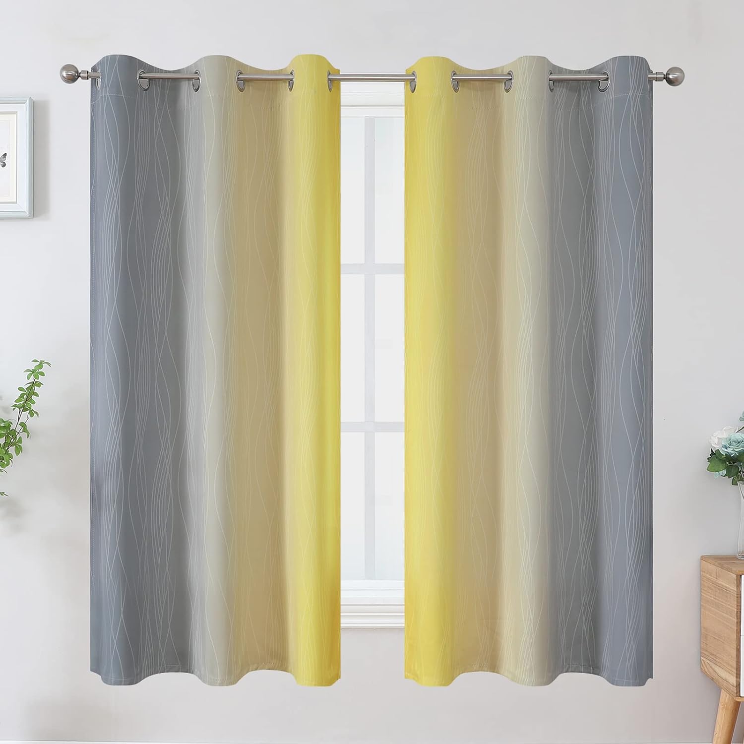 Estelartextiler Ombre Gray and Yellow Blackout Curtains 63 Inch Length 2 panels, Full Room Darkening Curtains for Kids Room, Grommet Therma…