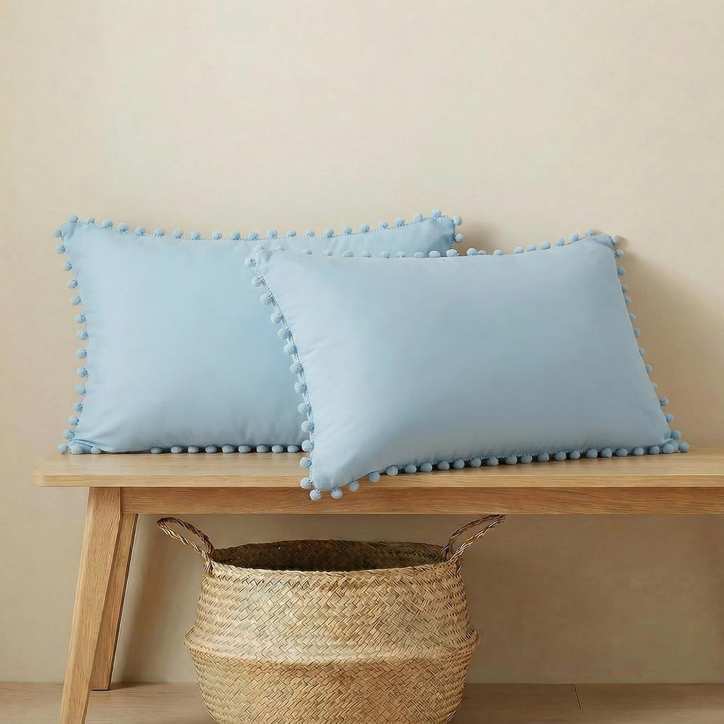 Moveover Sky Blue Pom Poms Pillowcases, Blue Standard Pillow Cases Set of 2, 100% Washed Microfiber, Pale Blue Ball Fringe Pillow Cover, 2 P…