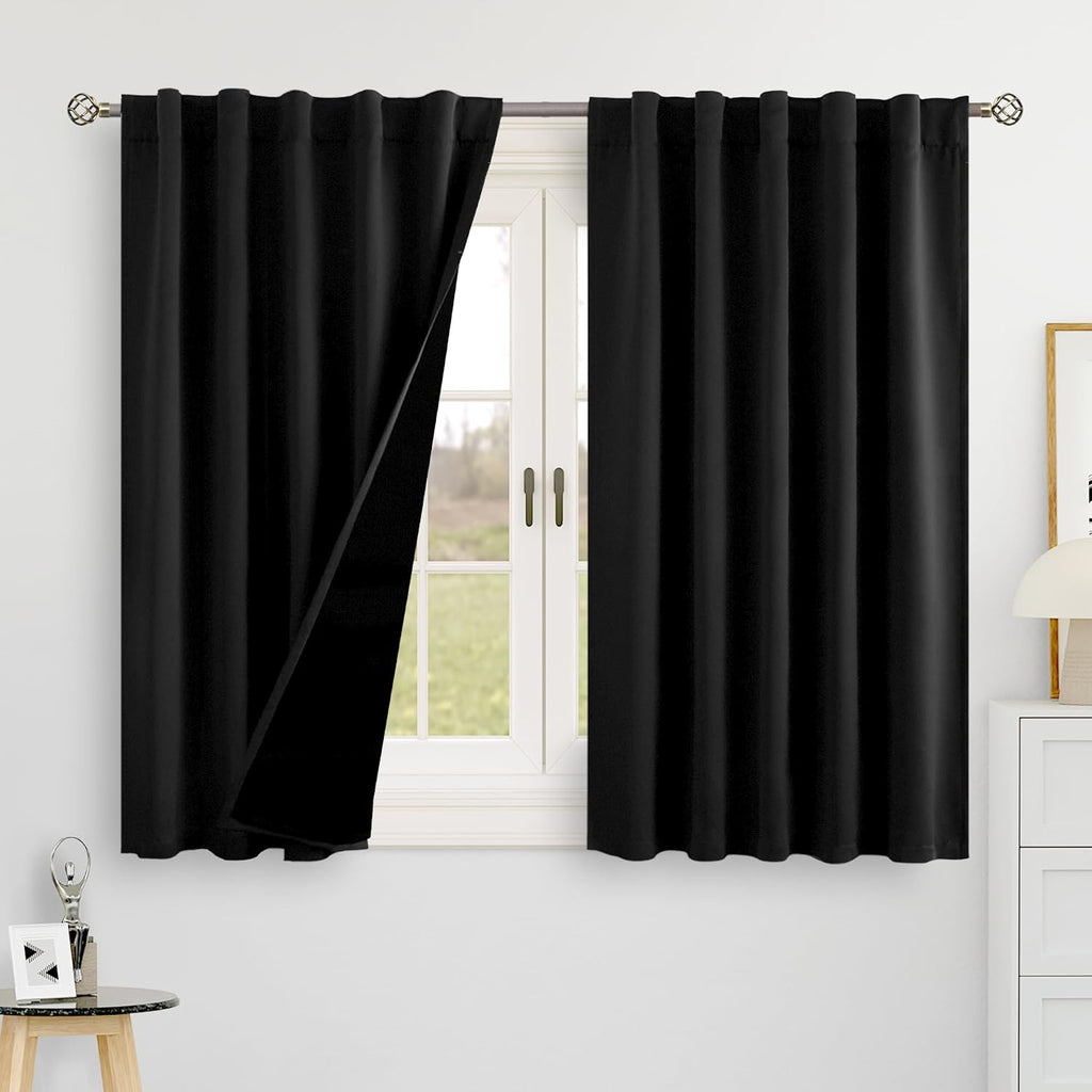 BGment Halloween Black 100% Blackout 48 Inch Curtains for Small Window, Rod Pocket and Back Tab Double Layer Black Out Thermal Insulated…