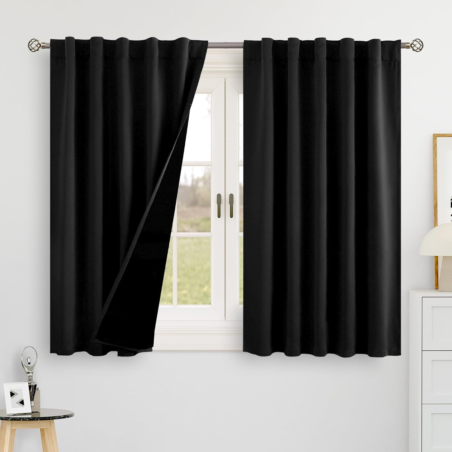 BGment Halloween Black 100% Blackout 48 Inch Curtains for Small Window, Rod Pocket and Back Tab Double Layer Black Out Thermal Insulated…