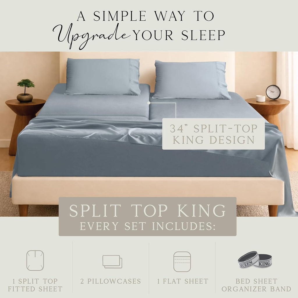 KARISSA MAE Pure Viscose from Bamboo 34" Split Top King Size Sheet Set | 100% FSC Certified | Luxuriously Soft | Cooling | 18" Deep…
