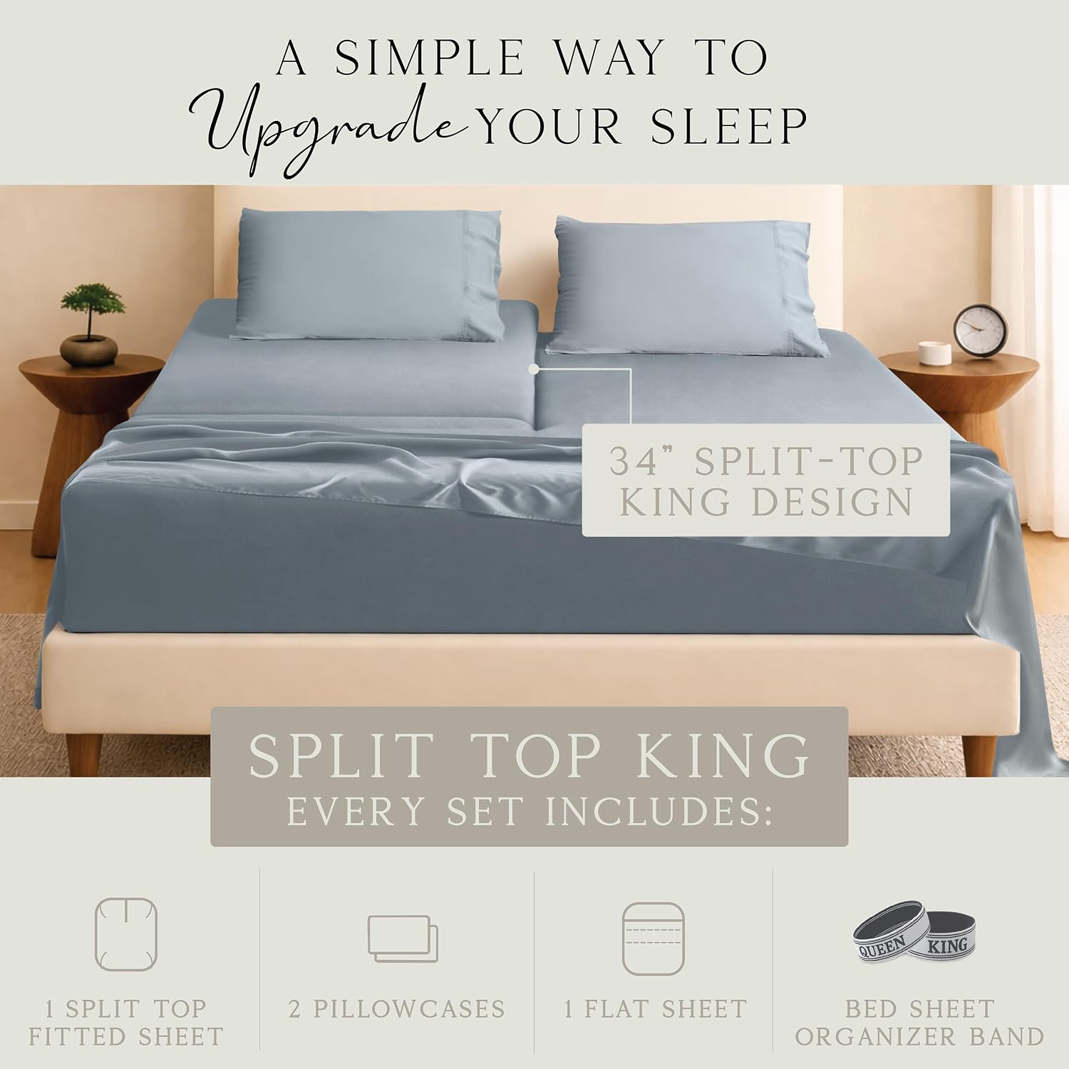 KARISSA MAE Pure Viscose from Bamboo 34" Split Top King Size Sheet Set | 100% FSC Certified | Luxuriously Soft | Cooling | 18" Deep…