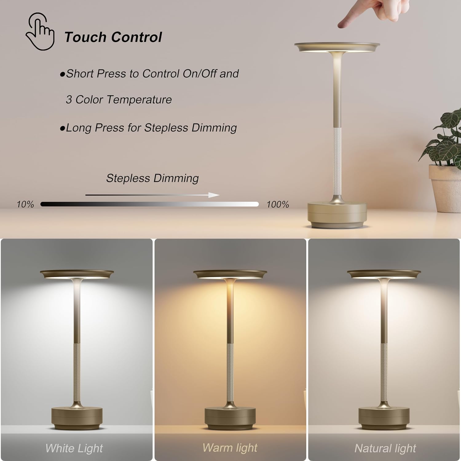 TBBGA 2 Pack Rechargeable Cordless Table Lamps, Portable 5000mAh Outdoor Table Light, 3 Color Stepless Dimming LED Table Lamp with Memory…