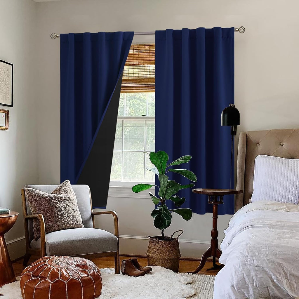 BGment Navy Blue 100% Blackout Curtains 63 Inches Long with Thermal Insulated Liner, Rod Pocket and Back Tab Double Layer Full Room…