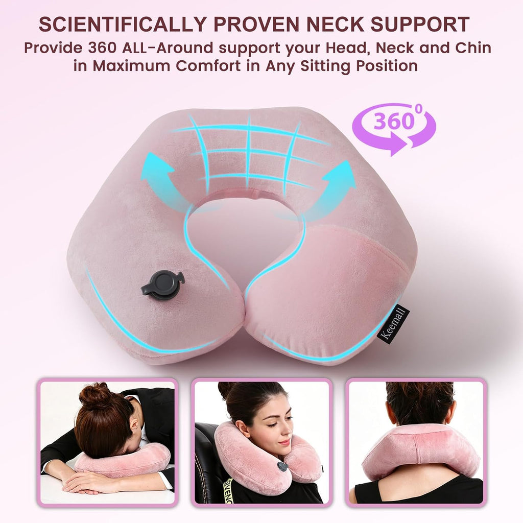 Keemall Inflatable Neck Pillow, Premium Pink U-Shaped Travel Pillow with Soft Washable Cover, Compact Portable Airplane Travel Essentials…