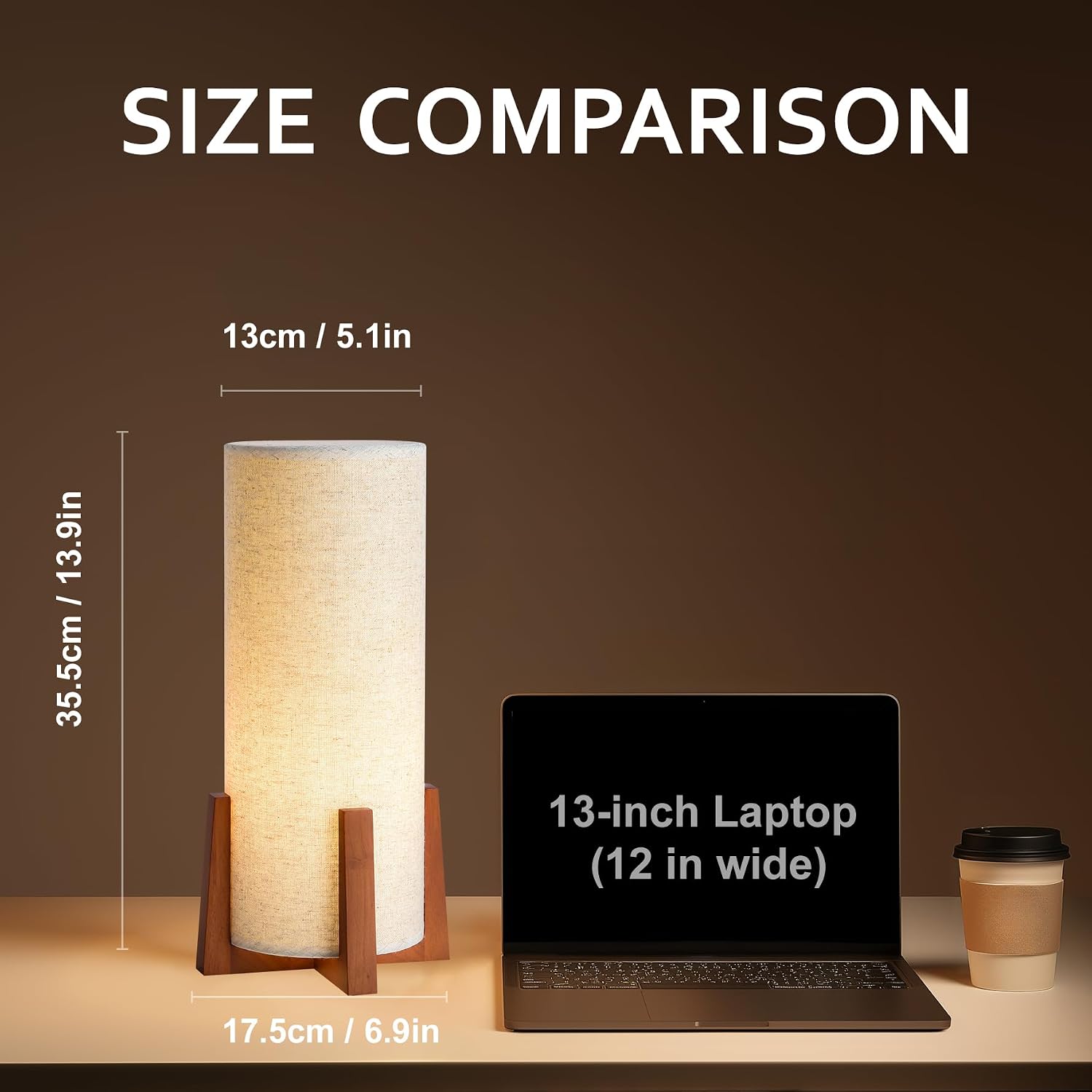 KUNJOULAM Modern Table Lamps, Nightstand Lamp with Linen Fabric Shade Brown Wooden Base, 13.9" Cylinder Bedside Table Lamp for Bedroom…