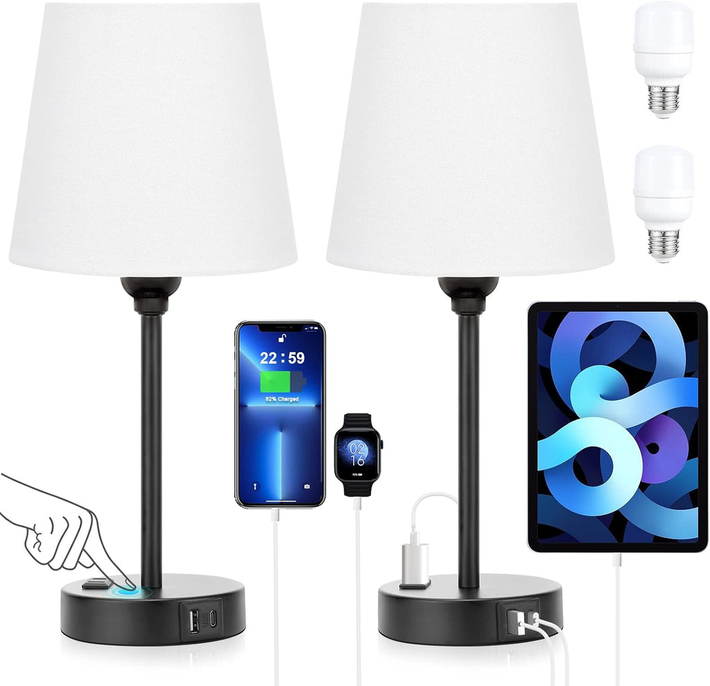 White Bedside Lamps for bedrooms Set of 2 - Nightstand Bedroom Lamp with USB C Port and AC Outlet Charging, 3 Way Dimmable Touch Control…