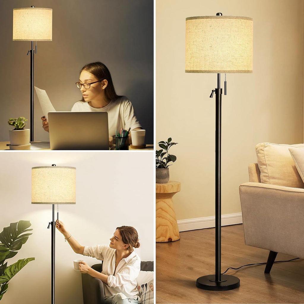 Qingmiao Adjustable Height Floor Lamp for Living Room, Black Standing Lamp for Bedroom Office, Modern Tall Lamp with Linen Shade, 3-Way…