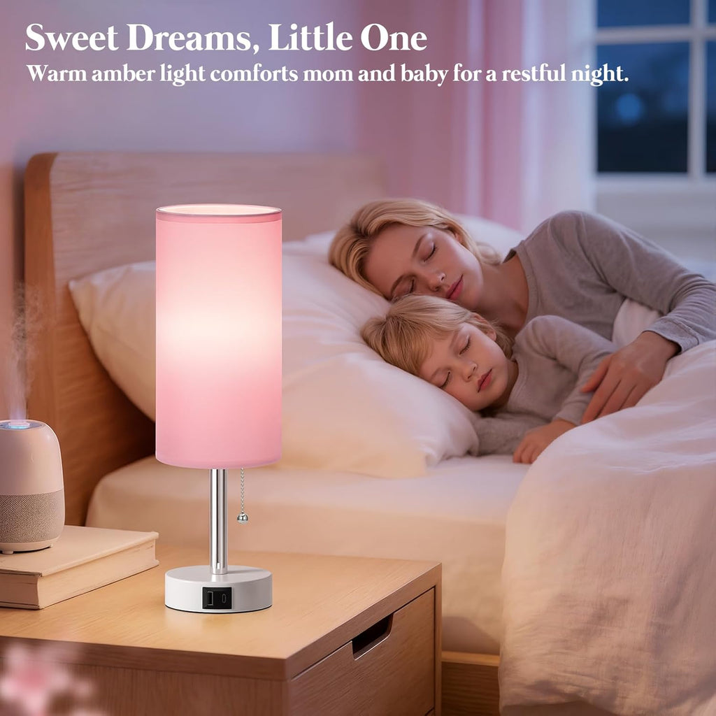 Dicoool Pink Bedside Table Lamp for Bedroom, Small Nightstand Lamp for Girls Kids, 3 Color Temperatures & USB Charging Port, Cute Desk…