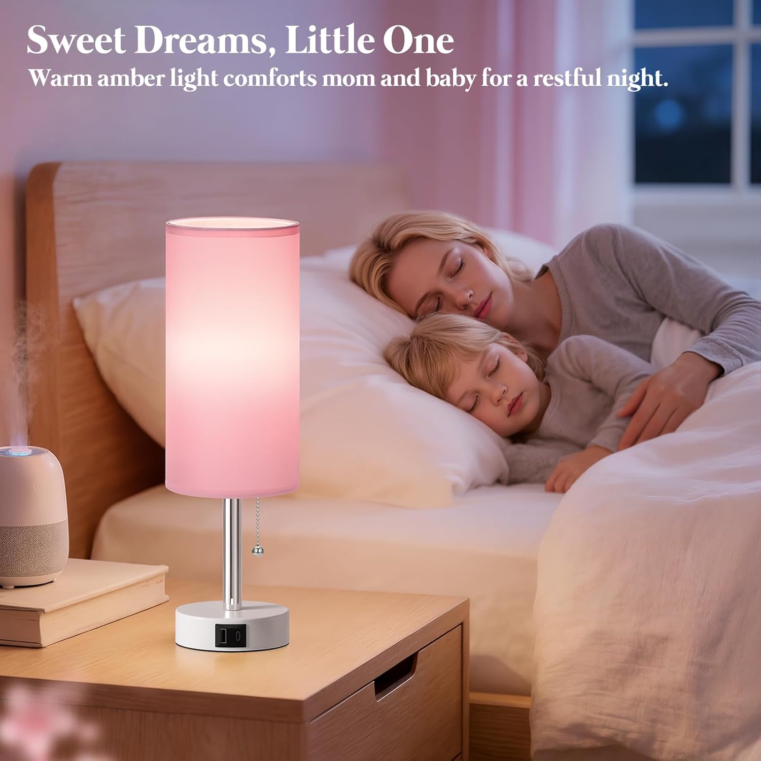 Dicoool Pink Bedside Table Lamp for Bedroom, Small Nightstand Lamp for Girls Kids, 3 Color Temperatures & USB Charging Port, Cute Desk…