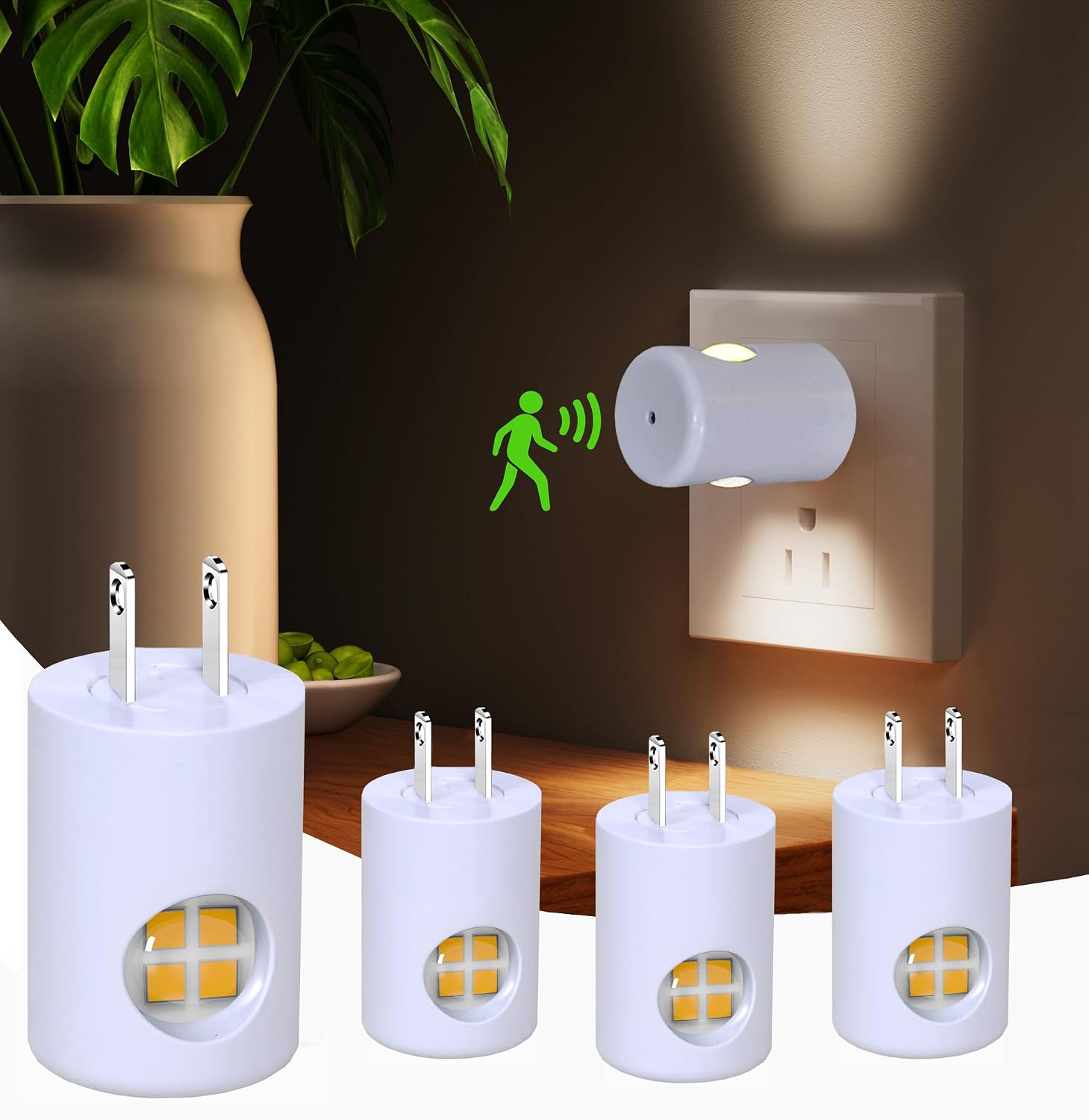 Geplad 4-Pack Motion Sensor Night Light, Plug into Wall Dusk to Dawn LED Nightlight, Auto On/Off, 3000K Soft White 100 Lumens, Rotatable Pl…