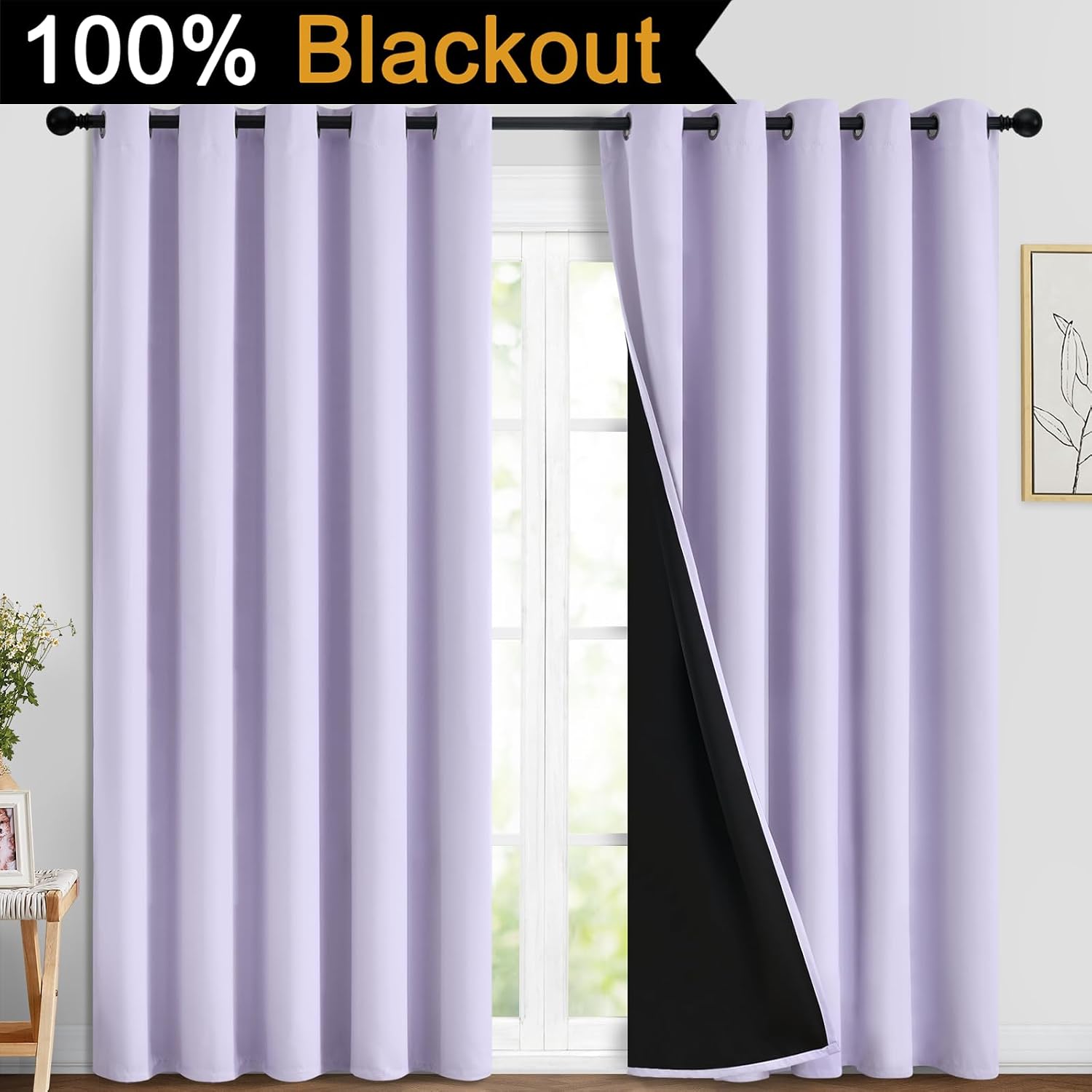 Yakamok 2 Thick Layers 100% Completely Blackout Window Curtains, Thermal Insulated Noise Reducing Drapes for Girl's Bedroom(70Wx84L, Lilac,…